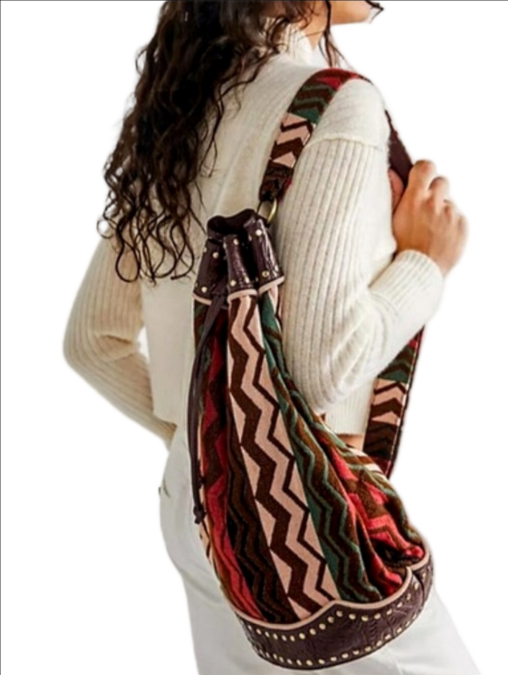 🆕🤎 FREE PEOPLE "ZOLA" BROWN LEATHER TAPESTRY STUDDED BOHO FESTIVAL SLING BAG